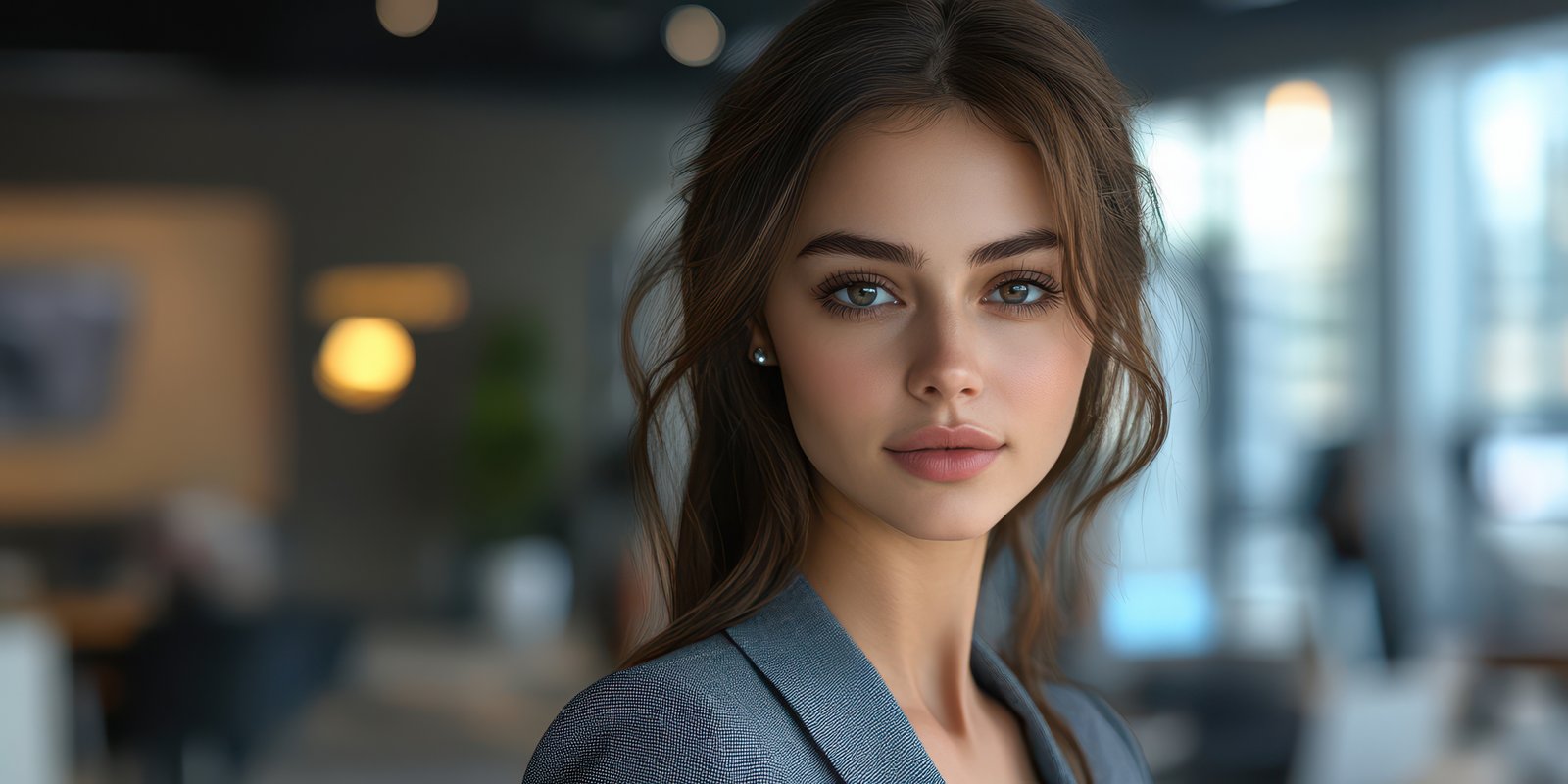 Young woman in professional attire poses confidently in a modern office setting during bright daylight